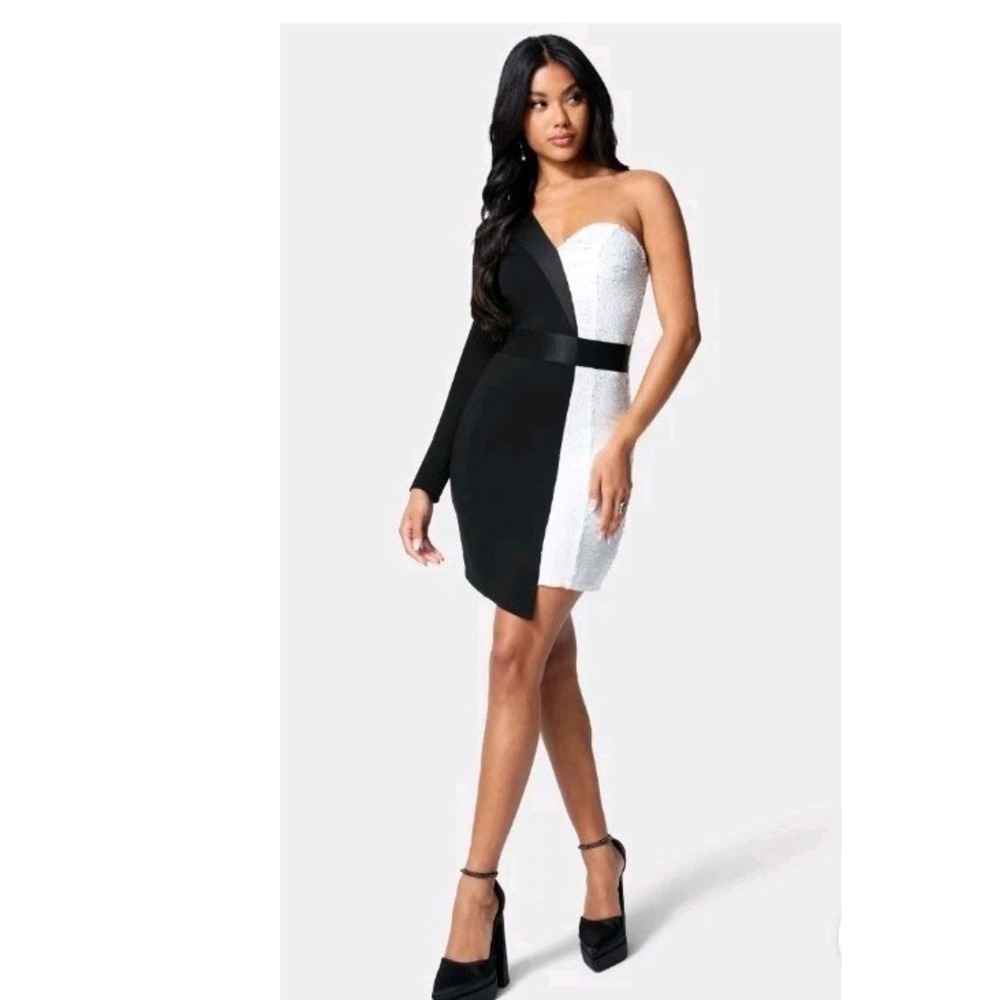NWT Bebe Women's One Shoulder Sequin Tuxedo Dress Sz L Clubwear